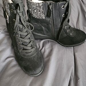 Women's Black Suede Wedge Ankle Boots